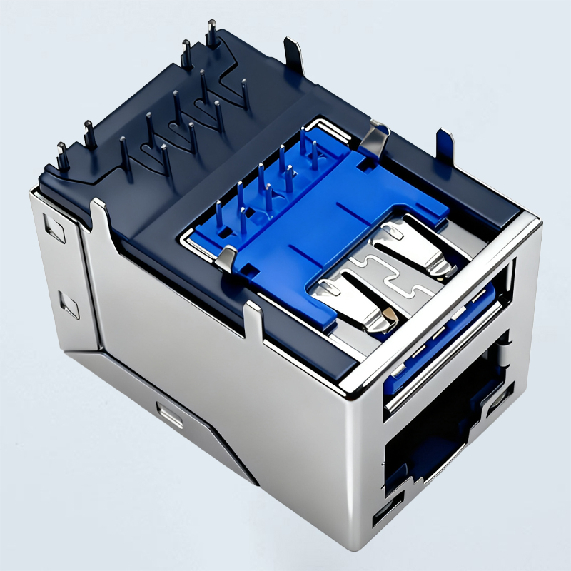 RJ45-5A02-017A 左黄右绿LED+单层USB 3.0 有灯无弹