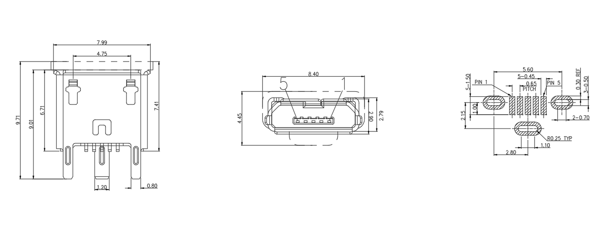 MICRO USB 5PIN立贴母座 三脚 高度H=6