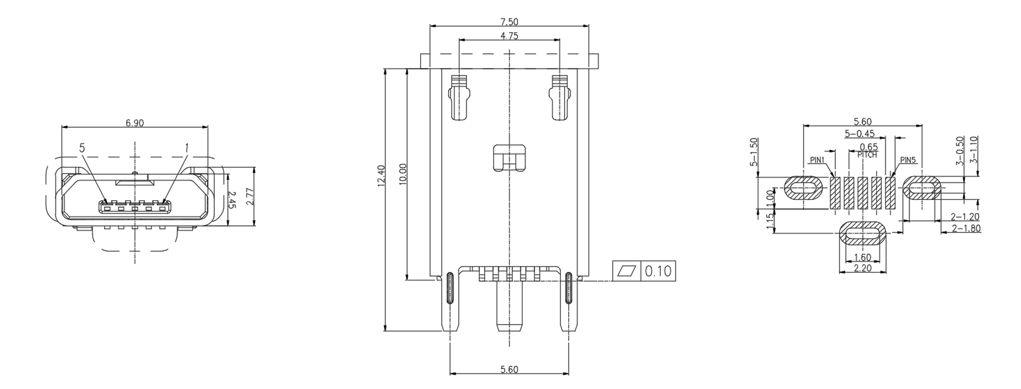 MICRO USB 5P立贴母座 三脚 高度H=10