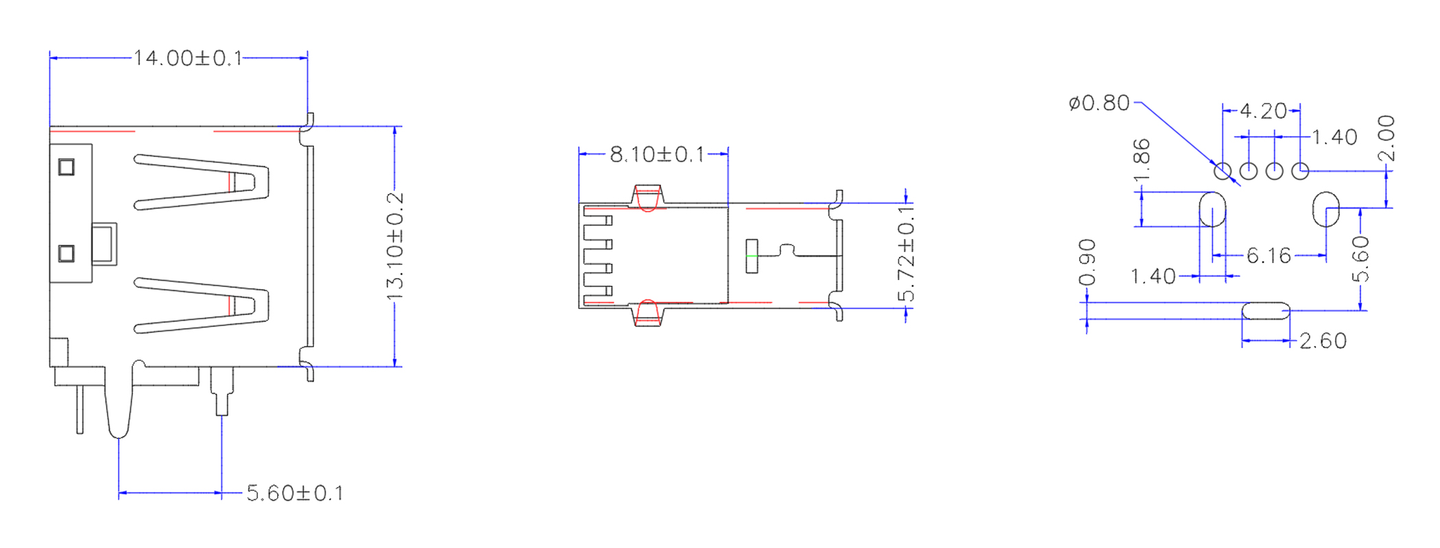 USB AF 90°侧插 短体正向 卷四边 白胶铁壳 网站图纸 拷贝