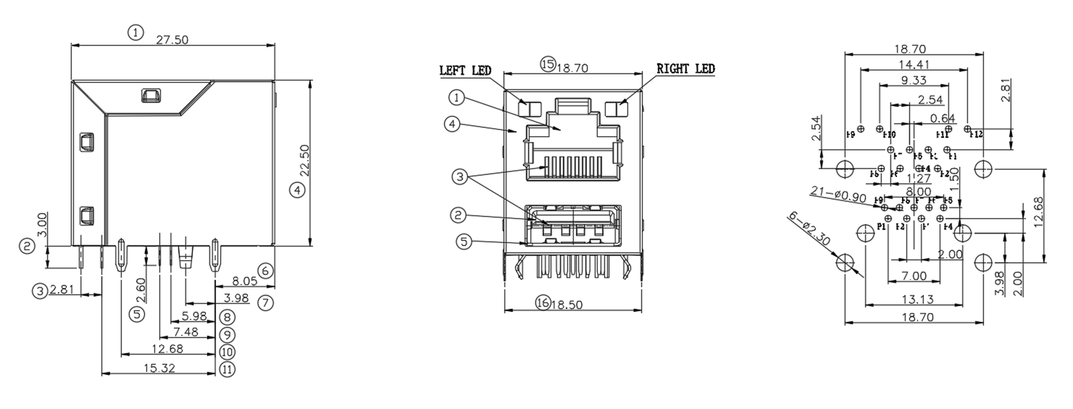 RJ45-5A02-017A 左黄右绿LED+单层USB 3